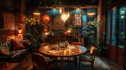 Wall Mural - cozy dining area with a round wooden table, comfortable chairs, and ambient lighting creating a warm and inviting space