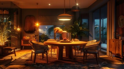 Wall Mural - cozy dining area with a round wooden table, comfortable chairs, and ambient lighting creating a warm and inviting space