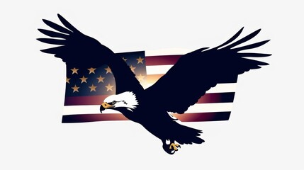 Inspiring photorealistic silhouette of a Bald Eagle flying across a starspangled banner, celebrating USA Independence Day