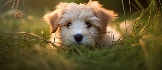 Poster - Portrait of a small puppy in the grass in nature. Creative banner. Copyspace image