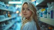 © Yada - Woman Standing in Pharmacy Aisle. She looks over her shoulder, smiling subtly, as she stands in front of shelves stocked with bottles and containers.