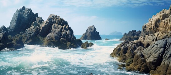Leinwandbilder - Sea water foaming on the rocks background. Creative banner. Copyspace image
