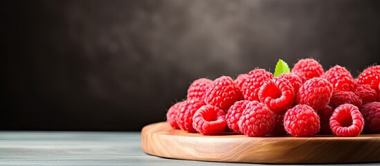Poster - Ripe raspberry berries on a gray background in a wooden plate. Creative banner. Copyspace image