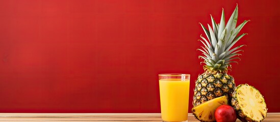 Wall Mural - Fresh pineapple and pineapple juice on red wood table. Creative banner. Copyspace image
