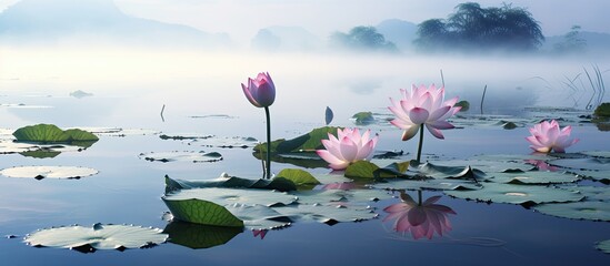 Poster - Beautiful Lotus pond. Creative banner. Copyspace image