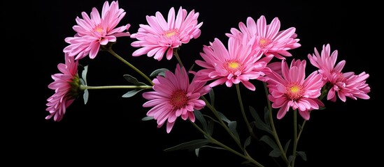 Poster - single pink aster isolated on black background. Creative banner. Copyspace image