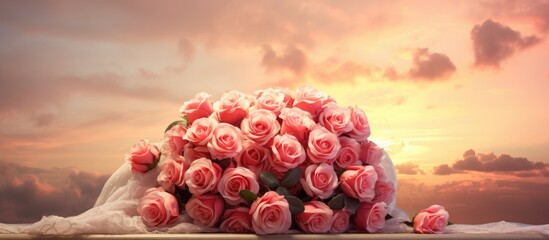 Poster - rose bouquet and natural light valentine day pre wedding flower roses love Beautiful sky. Creative banner. Copyspace image