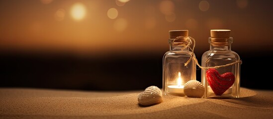 valentine s day still life two glass bottles with burning candle on the white sand. creative banner.