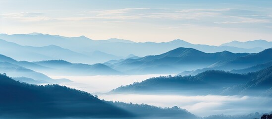 Poster - Fog on mountain in the morning. Creative banner. Copyspace image