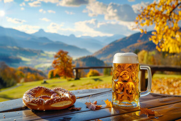 Wall Mural - Beer and Pretzel Against Mountain Backdrop