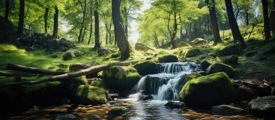 Poster - waterfall landscape forest summer day. Creative banner. Copyspace image