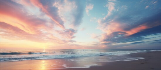 Poster - Blurred image of beautiful colored sky during afternoon in nature beach. Creative banner. Copyspace image