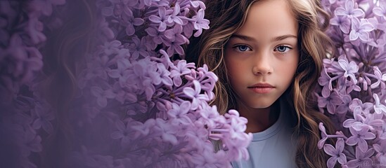 Wall Mural - portrait of little girl with blooming lilac allergic to bloom. Creative banner. Copyspace image