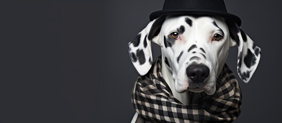 Poster - Dalmatian dog in a striped hat and a plaid scarf around his neck. Creative banner. Copyspace image