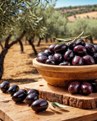 Sticker - Close up of fresh black olives on a rustic wooden table. Different marinated olives on table close-up. Green and black olives.