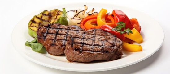 Wall Mural - fresh red beef meat steak barbecue garnished vegetable salad and basil in half of pepper bell on white plate isolated over white background. Creative banner. Copyspace image