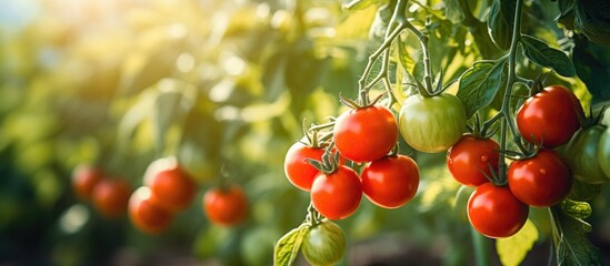 Wall Mural - red ripe tomatoes in the garden on a sunny day. Creative banner. Copyspace image