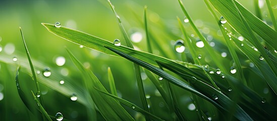 Poster - Nature aesthetic wallpaper of grass with dew drops. Creative banner. Copyspace image