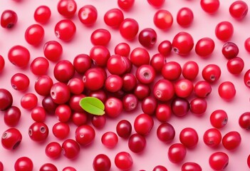 Wall Mural - A top view of fresh red cranberries on a light pink background