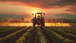 © visoot - Agriculture industry production and food supply, irrigation tractor driving spraying or harvesting at farmland. Generative AI.