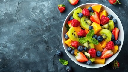Wall Mural - Fresh assorted fruit salad with berries, kiwi, and mango
