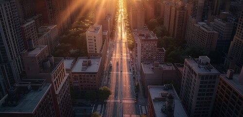 Wall Mural - Aerial view of a road in a city at dawn, with the first rays of sun illuminating the buildings and streets in a warm glow.