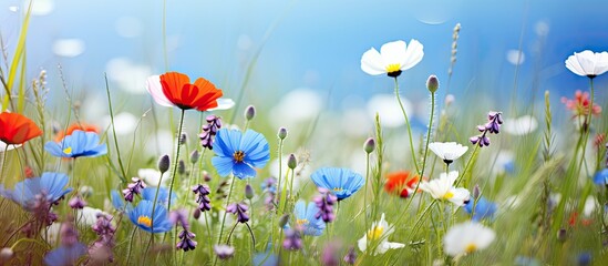 Poster - wildflowers blue flax poppy and chamomile in the grass in the meadow. Creative banner. Copyspace image