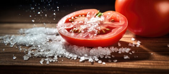 Poster - sliced Tomato with Sea Salt on a wooden Table. Creative banner. Copyspace image