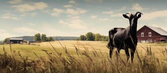 Poster - black goat in farm. Creative banner. Copyspace image