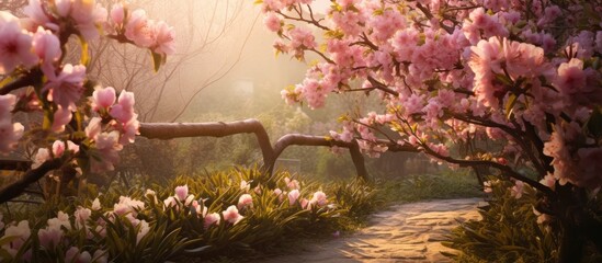 Poster - Peach blossom in the garden Beautiful spring. Creative banner. Copyspace image