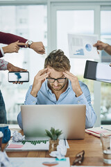 Aufkleber - Man, headache and multitask at desk with deadlines, stress and burnout at laptop in office. Male accountant, frustrated and technology in workplace with anxiety, tension and pain at computer