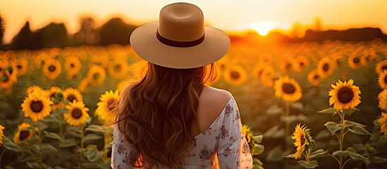 Poster - Young woman walks on blooming sunflower field Happiness with nature Beautiful woman posing in a field of sunflowers in a dress and hat at sunset Summer holidays vacation relax and lifestyle