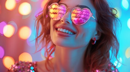 cheerful young woman in heart glasses and shiny disco clothes on a color blurred background