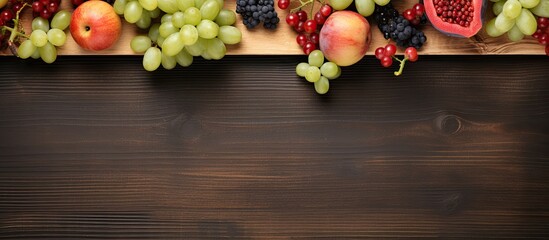 Poster - Autumn fruits green grapes and red watermelon on a wooden board view from above. Creative banner. Copyspace image