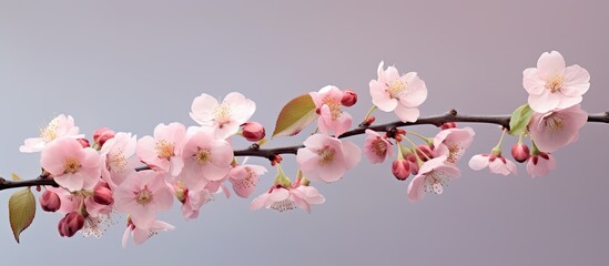 Poster - Branch with pastel pink flowers Natural background Common bramble or rubus fructicosus. Creative banner. Copyspace image
