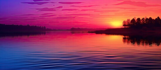 Aufkleber - Sunset clouds lake water river purple pink yellow blue magenta shadows love color. Creative banner. Copyspace image