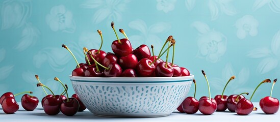 Poster - Sweet fresh cherry in a ceramic bowl. Creative banner. Copyspace image