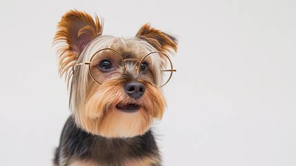 Wall Mural - Yorkshire Terrier dog wearing round glasses, giving a playful and stylish look, isolated on a white background