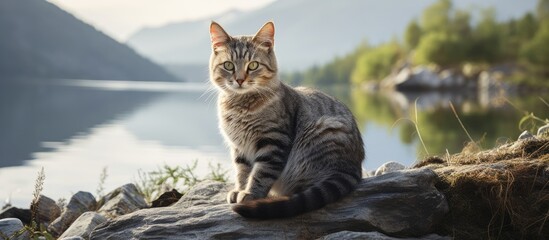 Poster - the cat is sitting on a rock. Creative banner. Copyspace image