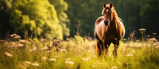 Poster - Young horses eating grass in field Horse on a meadow. Creative banner. Copyspace image