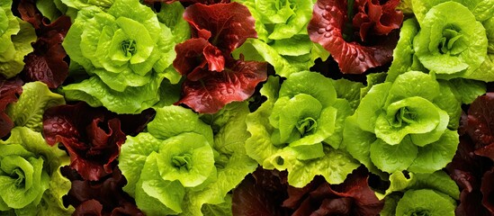 Poster - Lettuce green red bronze fresh crispy leaf salad sprayed washed from top Batavia French or Oak Leaf Lettuce cabbage from above close up. Creative banner. Copyspace image