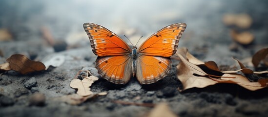 Poster - An orange butterfly perched on a leaf with one of its wings torn off. Creative banner. Copyspace image