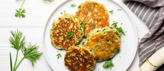 Poster - Zucchini pancakes with onion and parsley on white background top view above copy space