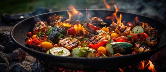 Poster - grilled corn on the cob just taken off the flame and ready to eat Outdoor BBQ vegan vegetarian or alongside meat options Crunchy vegetable cooked perfectly over fire outside. Creative banner
