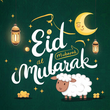 Eid Al Adha mubarak greeting card with cute sheep, moon, lantern and stars