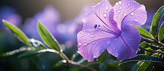 Aufkleber - kencana ungu flower in latin name is Ruellia Angstifolia take in focus close up flower in the morning with few dew drop. Creative banner. Copyspace image