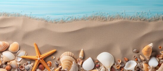 Poster - Sea sand with starfish and shells Top view with copy space