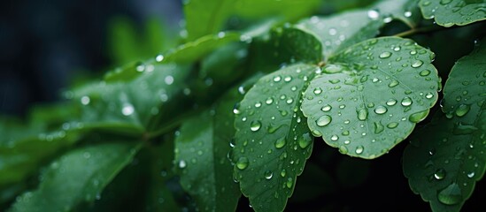 Aufkleber - green leaf in rainy day with droplet of rain. Creative banner. Copyspace image