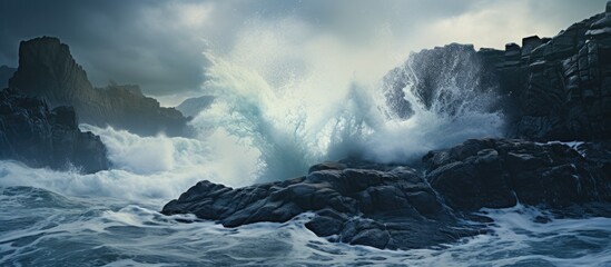 Leinwandbilder - waves crashing on the rocks. Creative banner. Copyspace image