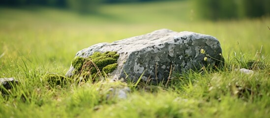 Old stone in the grass field Grass texture with stone. Creative banner. Copyspace image